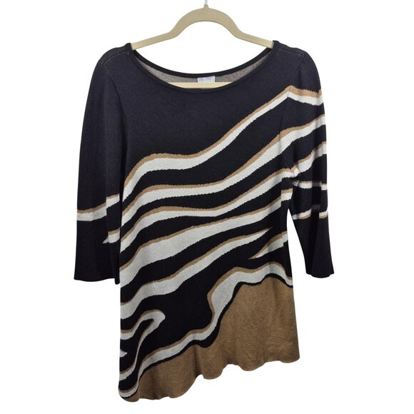 Chicos Sweater Womens M Black Brown Knit Pullover Tunic Length 3/4 Sleeve Top - Picture 1 of 7